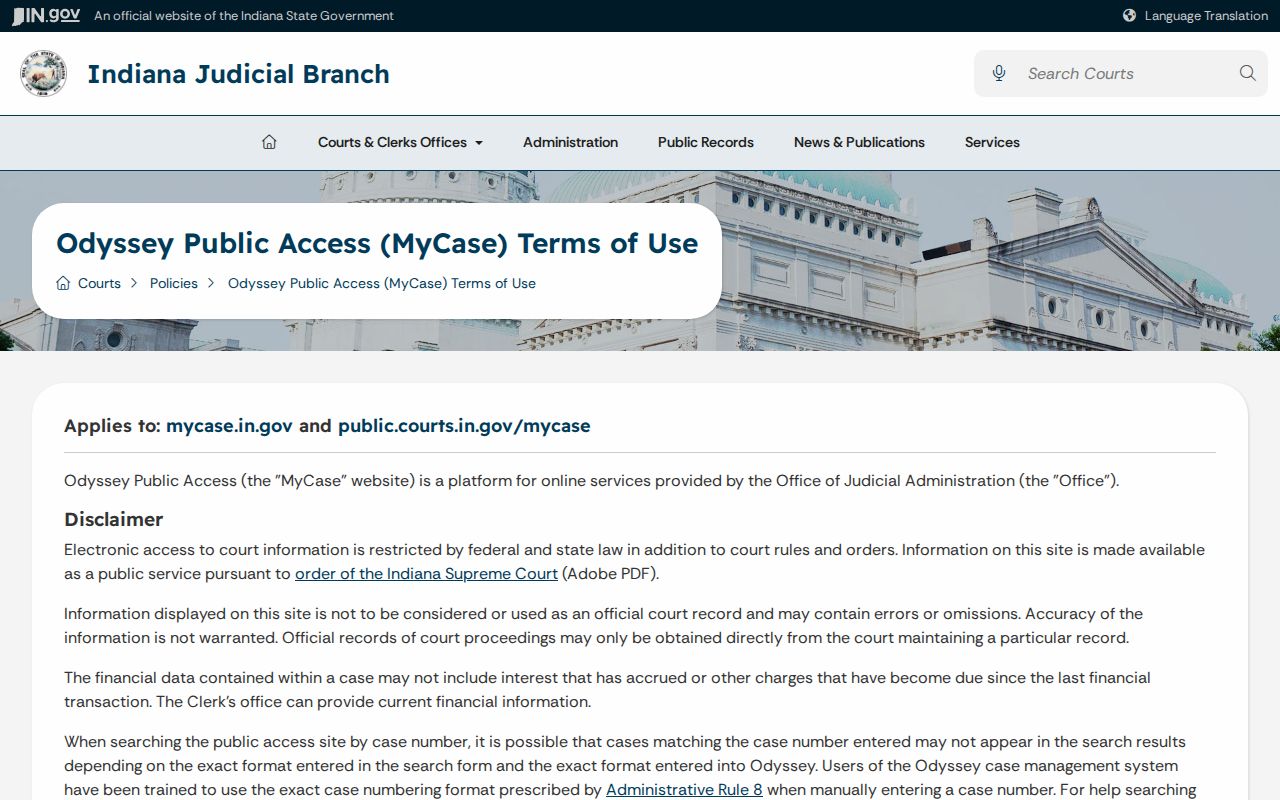 Indiana MyCase notice that the portal is not the official record