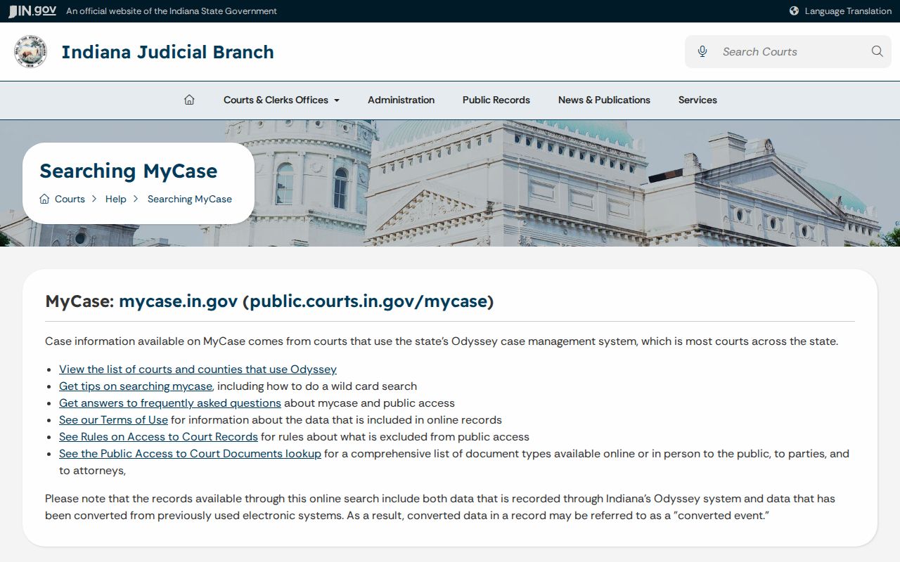 Indiana MyCase public document access guidance