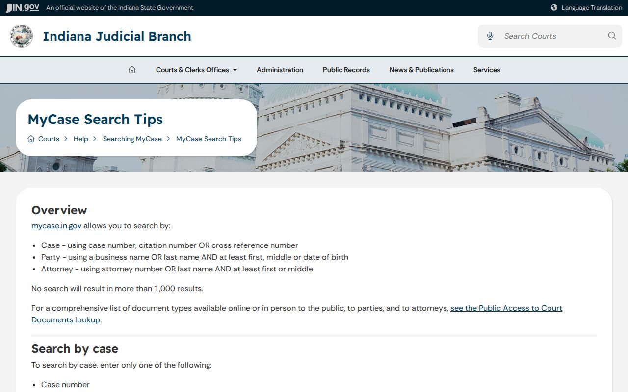 Indiana MyCase official search tips