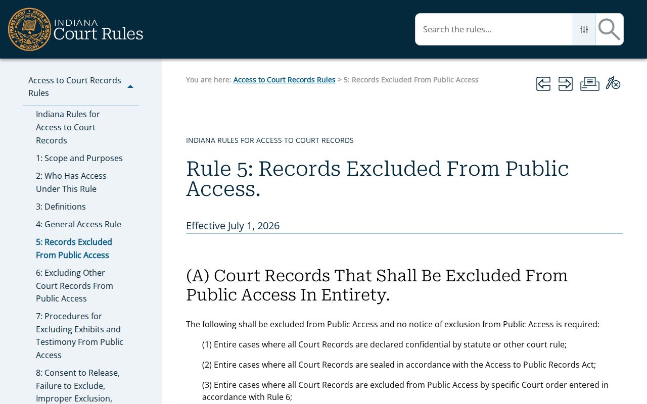 Vigo County court records confidentiality rules under Indiana Rule 5