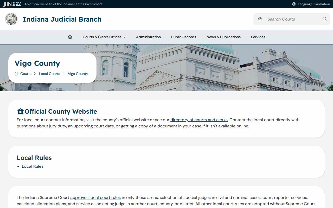 Vigo County court docket hub from the Indiana Judicial Branch